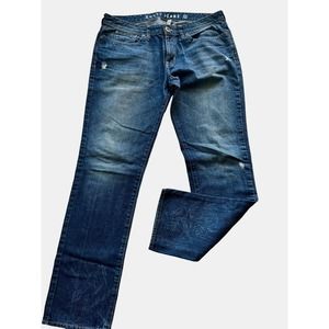 Guess Brit Rocker Men Slim Straight‎ Fit Blue Jeans 38x32 (34) Med Wash Distress